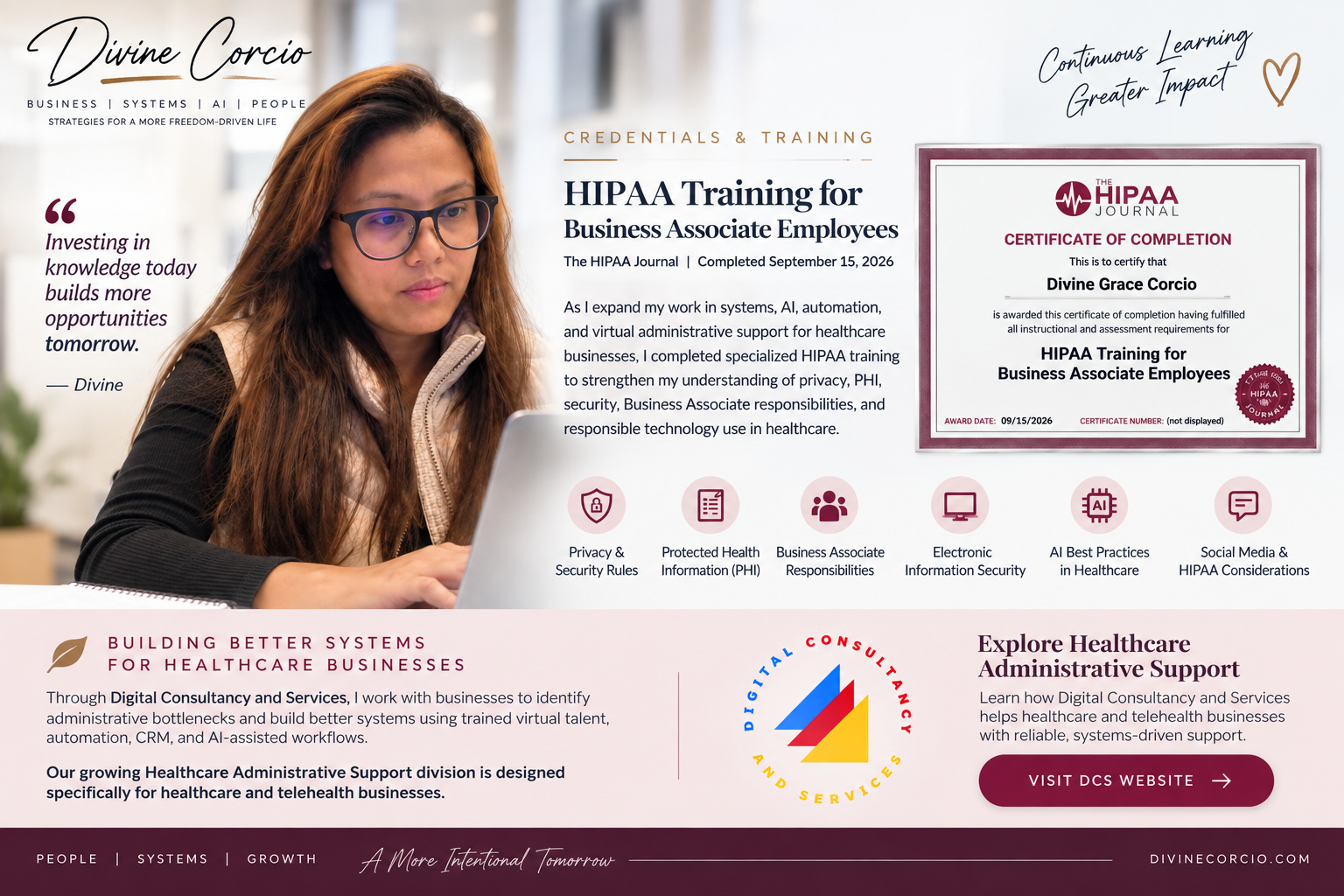 HIPAA Training for Business Associate Employees credential presentation for Divine Grace Corcio